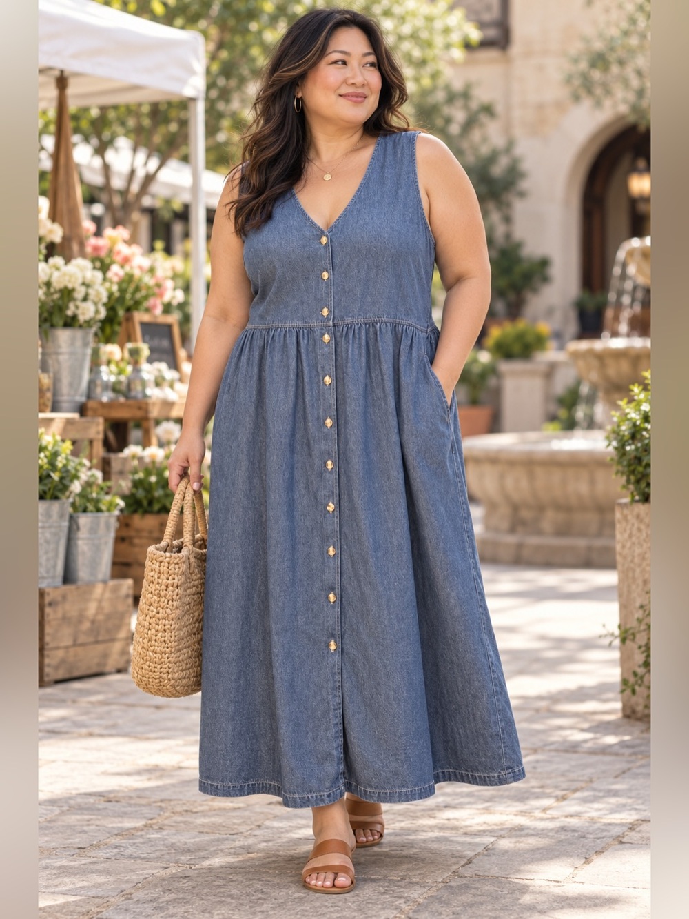 Vintage Cabin Creek Chambray Button Front Maxi Dress 2X 100% Cotton - Picture 1 of 5